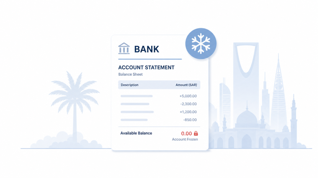 frozen bank balance document in Saudi Arabia with freeze icon